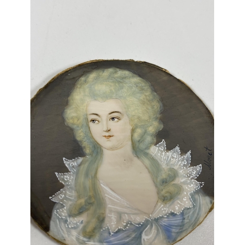 8 - A 19TH CENTURY HAND PAINTED PORTRAIT OF A LADY, SIGNED MONET, IN EBONISED WOODEN FRAME, 10 X 9CM