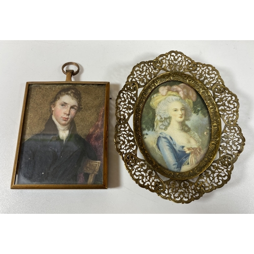 9 - TWO VINTAGE PORTRAIT MINIATURES TO INCLUDE BRASS FILIGREE FRAME EXAMPLE, LENGTH 11CM