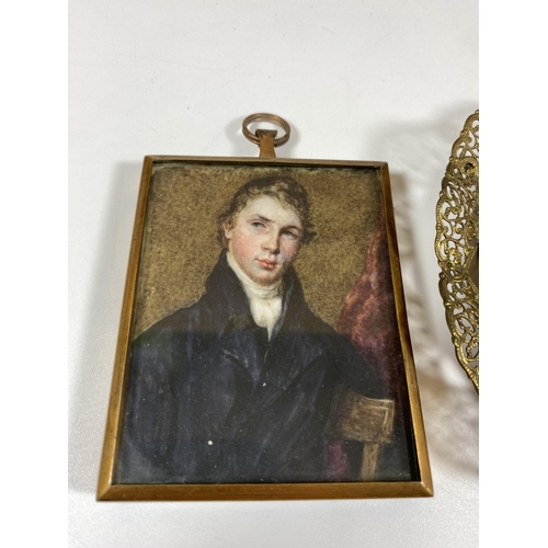 9 - TWO VINTAGE PORTRAIT MINIATURES TO INCLUDE BRASS FILIGREE FRAME EXAMPLE, LENGTH 11CM