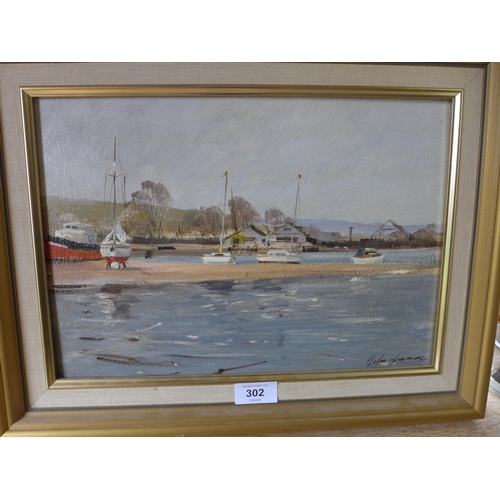 302 - JOHN LAWRENCE (BRITISH BORN 1934) 'BEMBRIDGE HARBOUR, ISLE OF WIGHT', OIL ON BOARD, SIGNED, 24X34CM,... 