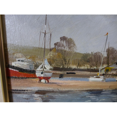 302 - JOHN LAWRENCE (BRITISH BORN 1934) 'BEMBRIDGE HARBOUR, ISLE OF WIGHT', OIL ON BOARD, SIGNED, 24X34CM,... 