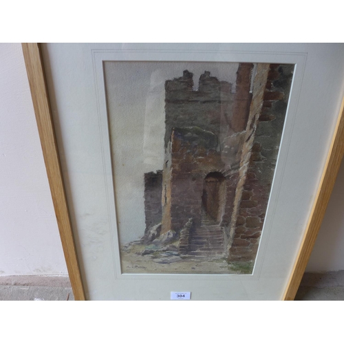 304 - ARTHUR BASSETT WALLER (BRITISH 1882-1975) RUINED CASTLE SCENE, WATERCOLOUR, SIGNED, 36X25CM, FRAMED ... 