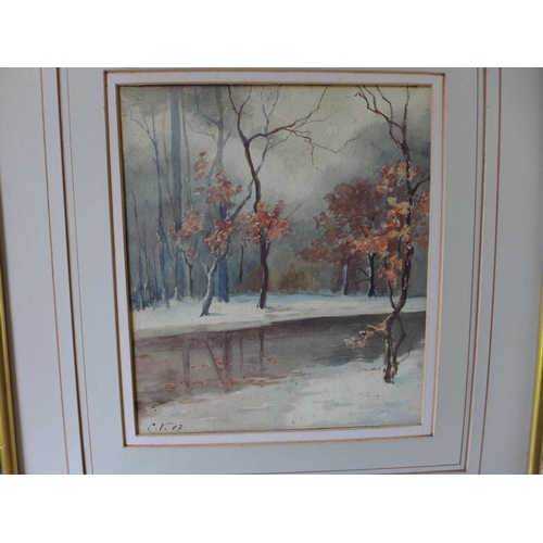 305 - C.V., SNOWY WOODLAND SCENE, WATERCOLOUR, BEARS INITIALS CV AND DATE 07, 25X22CM, FRAMED