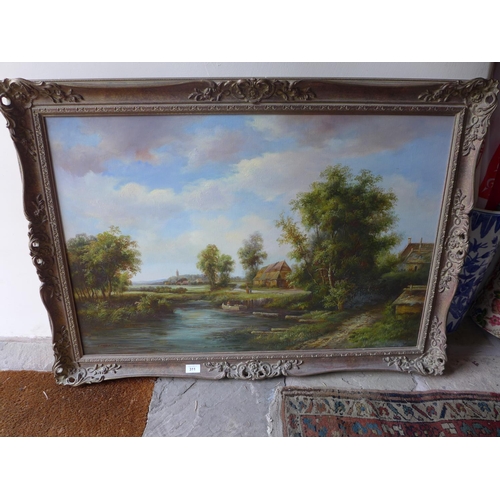 311 - F TENANT (20TH CENTURY), LAKE SCENE WITH FIGURES AND COTTAGE, OIL ON CANVAS, SIGNED, 60X90CM, IN SWE... 