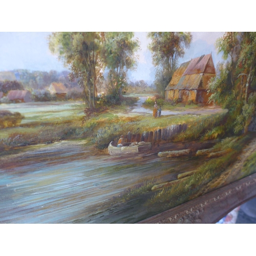 311 - F TENANT (20TH CENTURY), LAKE SCENE WITH FIGURES AND COTTAGE, OIL ON CANVAS, SIGNED, 60X90CM, IN SWE... 