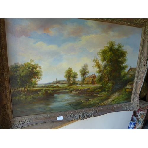 311 - F TENANT (20TH CENTURY), LAKE SCENE WITH FIGURES AND COTTAGE, OIL ON CANVAS, SIGNED, 60X90CM, IN SWE... 