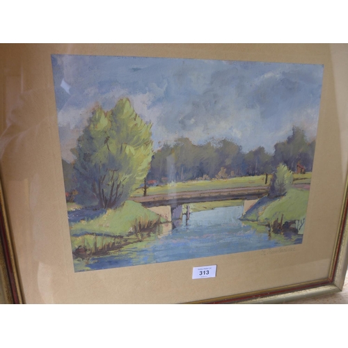 313 - K KERNLACHNER, RIVER AND BRIDGE SCENE, PASTEL, SIGNED ON MOUNT, 28X36CM, FRAMED AND GLAZED