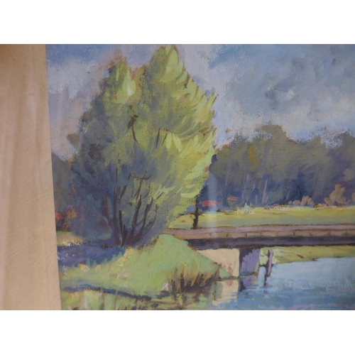 313 - K KERNLACHNER, RIVER AND BRIDGE SCENE, PASTEL, SIGNED ON MOUNT, 28X36CM, FRAMED AND GLAZED