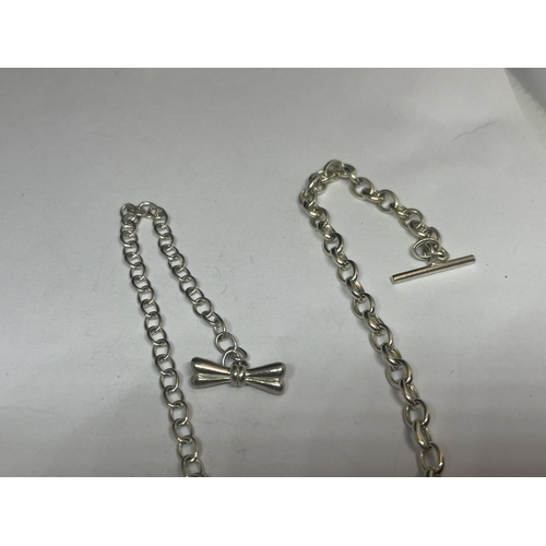 545 - THREE SILVER T BAR BRACELETS WITH HEART CHARMS