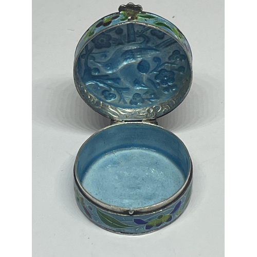 570 - A SILVER CIRCULAR PILL BOX WITH ENAMEL BIRD DESIGN LID AND SIDES