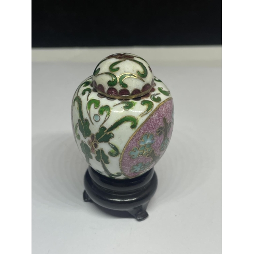 581 - AN ENAMELLED MINIATURE GINGER JAR ON A WOODEN PLINTH