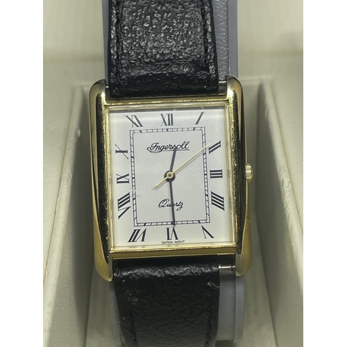 598 - AN INGERSOL WRIST WATCH WITH RECTANGULAR FACE, ROMAN NUMERALS AND A LEATHER STRAP IN A PRESENTATION ... 