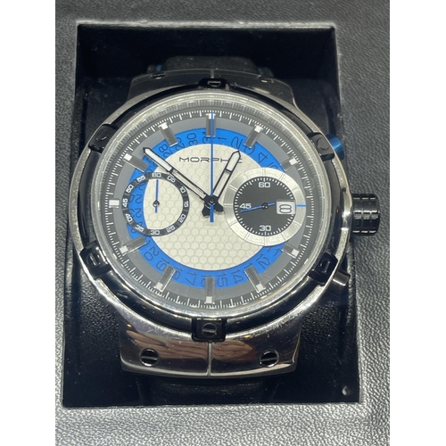 604 - A MORHPIC WRIST WATCH WITH TWO SUB DIALS IN A PRESENTATION BOX SEEN WORKING BUT NO WARRANTY