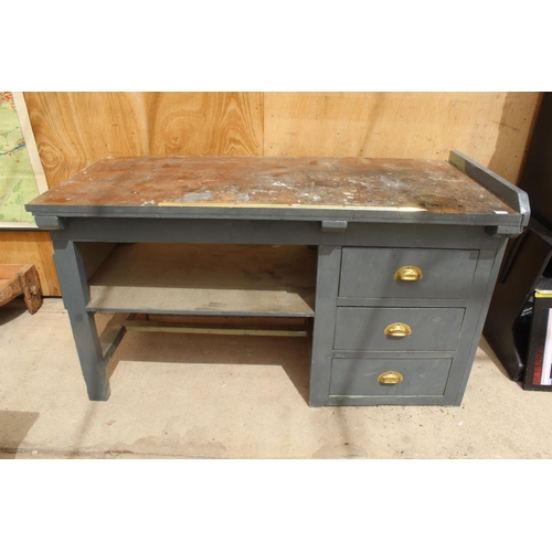 85A - A WOODEN WORKSHOP BENCH WITH THREE LOWER DRAWERS WITH BRASS SCOOP HANDLES - NO VAT