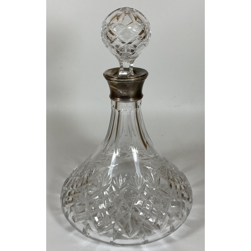 30 - A CUT GLASS SHIPS DECANTER WITH MAPPIN & WEBB HALLMARKED SILVER COLLAR, HALLMARKS FOR BIRMINGHAM 199... 