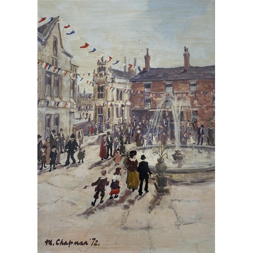 34 - A LARGE MARGARET CHAPMAN (1940-2000) NORTHERN ART FRAMED OIL ON BOARD PAINTING OF A TOWN SCENE WITH ... 