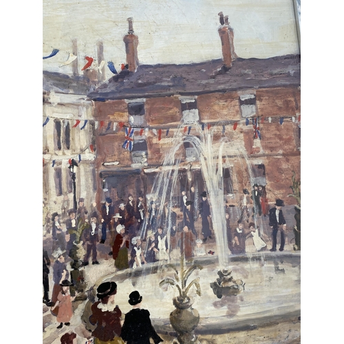 34 - A LARGE MARGARET CHAPMAN (1940-2000) NORTHERN ART FRAMED OIL ON BOARD PAINTING OF A TOWN SCENE WITH ... 