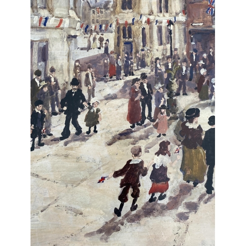 34 - A LARGE MARGARET CHAPMAN (1940-2000) NORTHERN ART FRAMED OIL ON BOARD PAINTING OF A TOWN SCENE WITH ... 