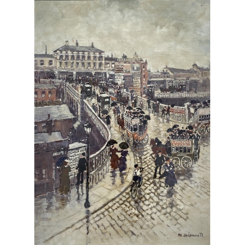 35 - A LARGE MARGARET CHAPMAN (1940-2000) NORTHERN ART FRAMED OIL ON BOARD PAINTING OF A BUSY NORTHERN TO... 