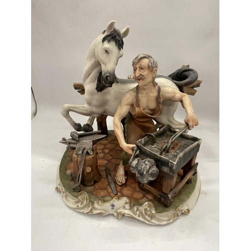 43 - A VINTAGE CAPODIMONTE FIGURE OF A HORSE AND BLACKSMITH, SIGNED