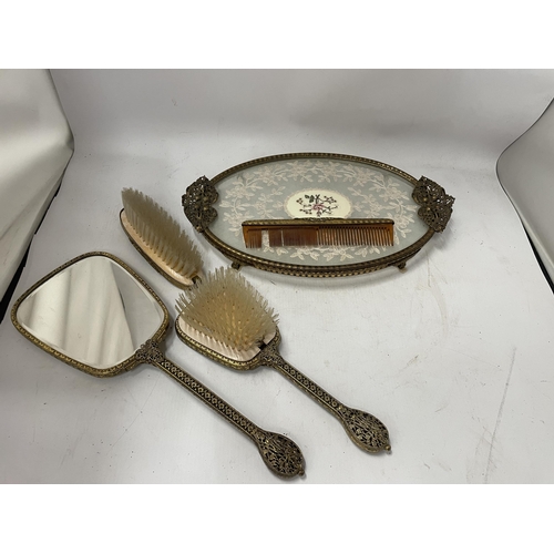 56 - A VINTAGE EMBROIDERED DRESSING TABLE SET