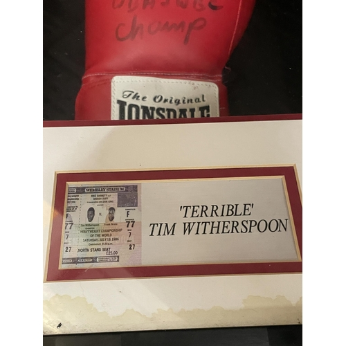 59 - A TIM WITHERSPOON DOUBLE WORLD HEAVYWEIGHT CHAMPION, FRAMED AND SIGNED BOXING GLOVE MONTAGE WITH A1 ... 