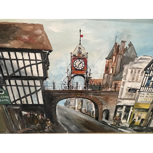 60 - A FRAMED OIL PAINTING OF CHESTER HIGH STREET SCENE, SIGNED P.SCHUSTER