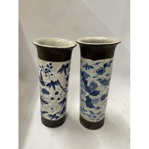 67 - A PAIR OF LATE 19TH CENTURY CHINESE CRACKLE GLAZE BLUE AND WHITE CYLINDRICAL SLEEVE VASES, SEAL MARK... 