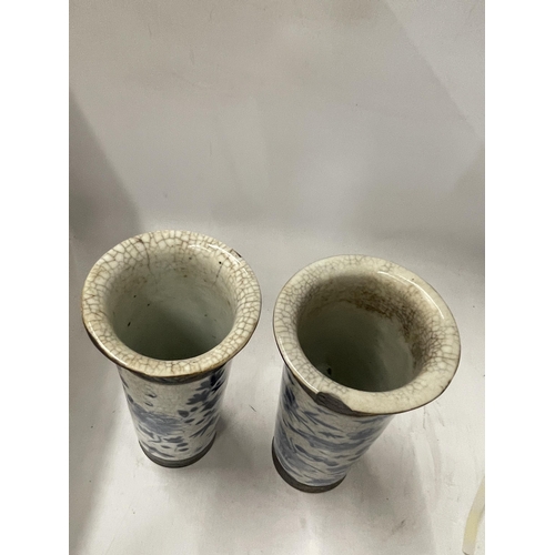 67 - A PAIR OF LATE 19TH CENTURY CHINESE CRACKLE GLAZE BLUE AND WHITE CYLINDRICAL SLEEVE VASES, SEAL MARK... 