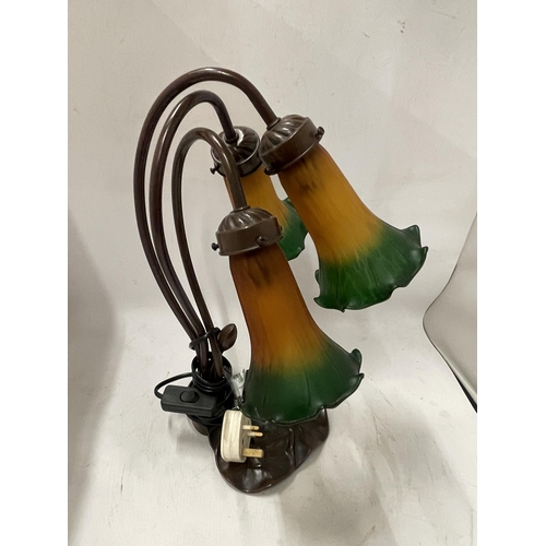 69 - A VINTAGE TIFFANY STYLE LAMP WITH THREE FROSTED GLASS SHADES