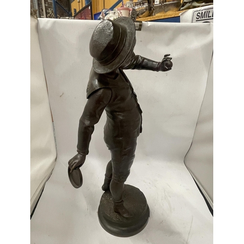 80 - A LARGE SPELTER BOY FIGURE WITH PLAQUE TITLED 'PAN!' , HEIGHT 56CM