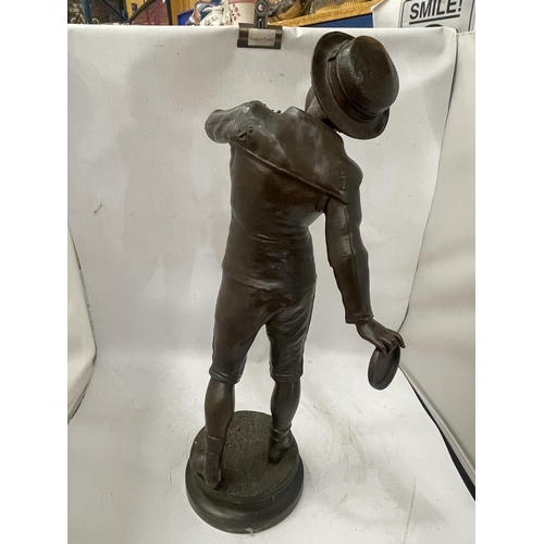 80 - A LARGE SPELTER BOY FIGURE WITH PLAQUE TITLED 'PAN!' , HEIGHT 56CM