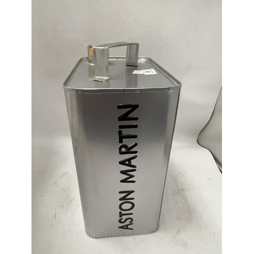 82 - A SILVER COLOURED METAL ASTON MARTIN PETROL CAN WITH BRASS TOP