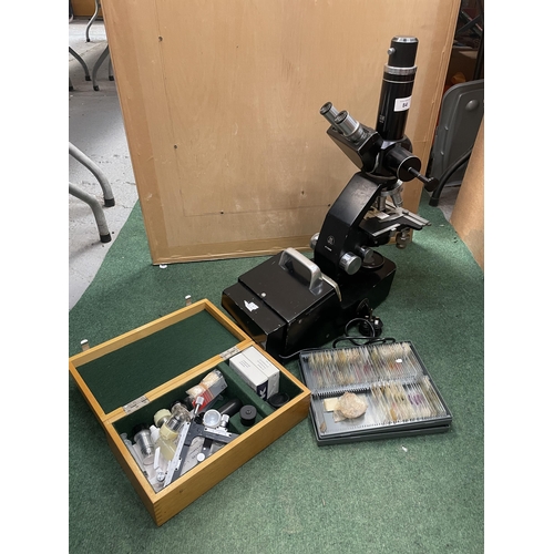 84 - A GS LONDON M 57805 MICROSCOPE AND ASSORTED SLIDES AND ACCESSORIES IN WOODEN BOX