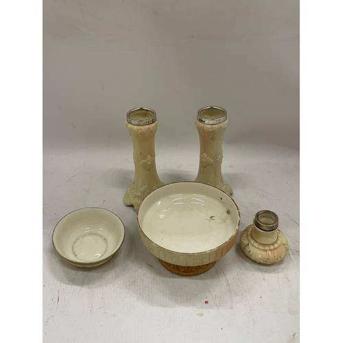 90 - A COLLECTION OF LOCKE & CO WORCESTER BLUSH IVORY CERAMICS, TWO WITH HALLMARKED SILVER TOPS