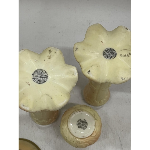 90 - A COLLECTION OF LOCKE & CO WORCESTER BLUSH IVORY CERAMICS, TWO WITH HALLMARKED SILVER TOPS