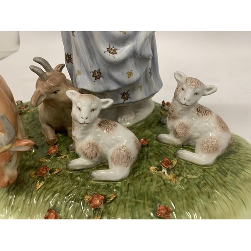 126 - A VINTAGE CERAMIC TABLEAU OF A LADY WITH FARM ANIMALS WITH BLUE CROSSED SWORDS AND R TO BASE