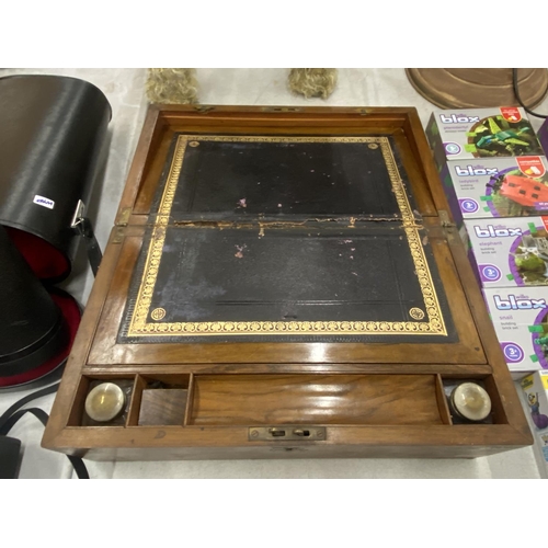 160 - A VICTORIAN MAHOGANY WRITING SLOPE WITH INKWELLS