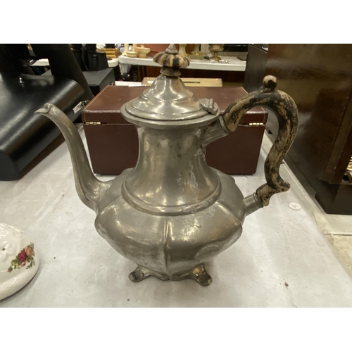 181 - A PEWTER TEASET TO INCLUDE TEAPOT, SUGAR, MILK AND HOT WATER JUG