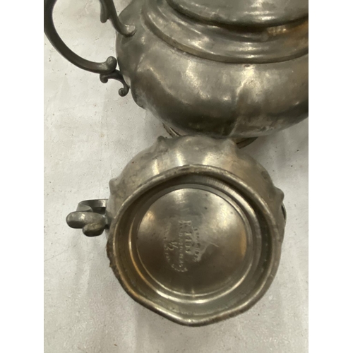 181 - A PEWTER TEASET TO INCLUDE TEAPOT, SUGAR, MILK AND HOT WATER JUG