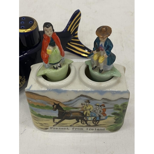 201 - TWO VINTAGE CONDIMENT SETS - LIMOGES FISH AND ROCKING IRISHMAN AND WIFE ON PONYTRAP