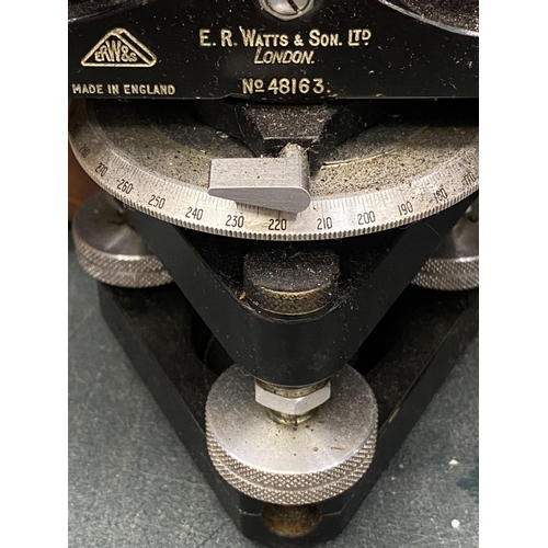 203 - A THEODOLITE BY E.R. WATTS & SON IN LEATHER CASE - SERIAL NUMBER 48183