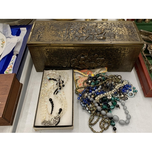 223 - A QUANTITY OF COSTUME JEWELLERY IN BRASS AND WOODEN BOX