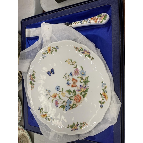 224 - A BOXED AYNSLEY COTTAGE GARDEN GATEAUX PLATE AND KNIFE, GLASS NIBBLE DISH, WOODEN BOXES, ETC.,