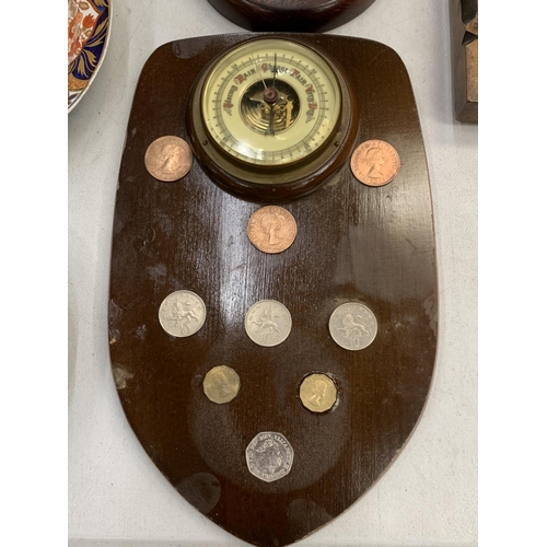 235 - A BAROMETER DECORATED WITH BRITISH COINS TO INCLUDE NEW PENCE TOGETHER WITH A SMALL CIRCULAR MAHOGAN... 