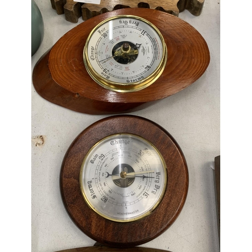 235 - A BAROMETER DECORATED WITH BRITISH COINS TO INCLUDE NEW PENCE TOGETHER WITH A SMALL CIRCULAR MAHOGAN... 