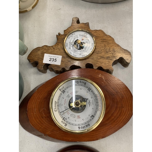 235 - A BAROMETER DECORATED WITH BRITISH COINS TO INCLUDE NEW PENCE TOGETHER WITH A SMALL CIRCULAR MAHOGAN... 