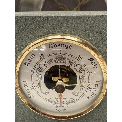 830 - A SLATE MANTLE CLOCK WITH A SHEPHERD AND SHEEPDOG IMAGE AND A SLATE BAROMETER AND HYGROMETER