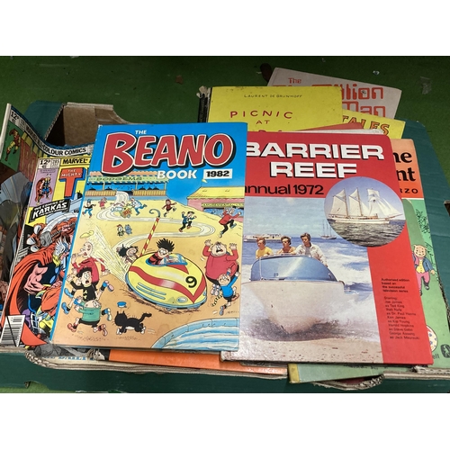 865 - A MIXED LOT OF ITEMS TO INCLUDE THE MIGHTY THOR AND FURTHER COMIC, ANNUALS TO INCLUDE BEANO, RUPERT ... 