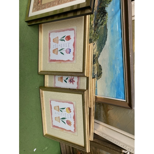 888 - ASSORTED PICTURES - TWO FRAMED OIL PAINTINGS OF A SEASCAPE AND HARBOUR SCENE, A SET OF FOUR FLORAL P... 